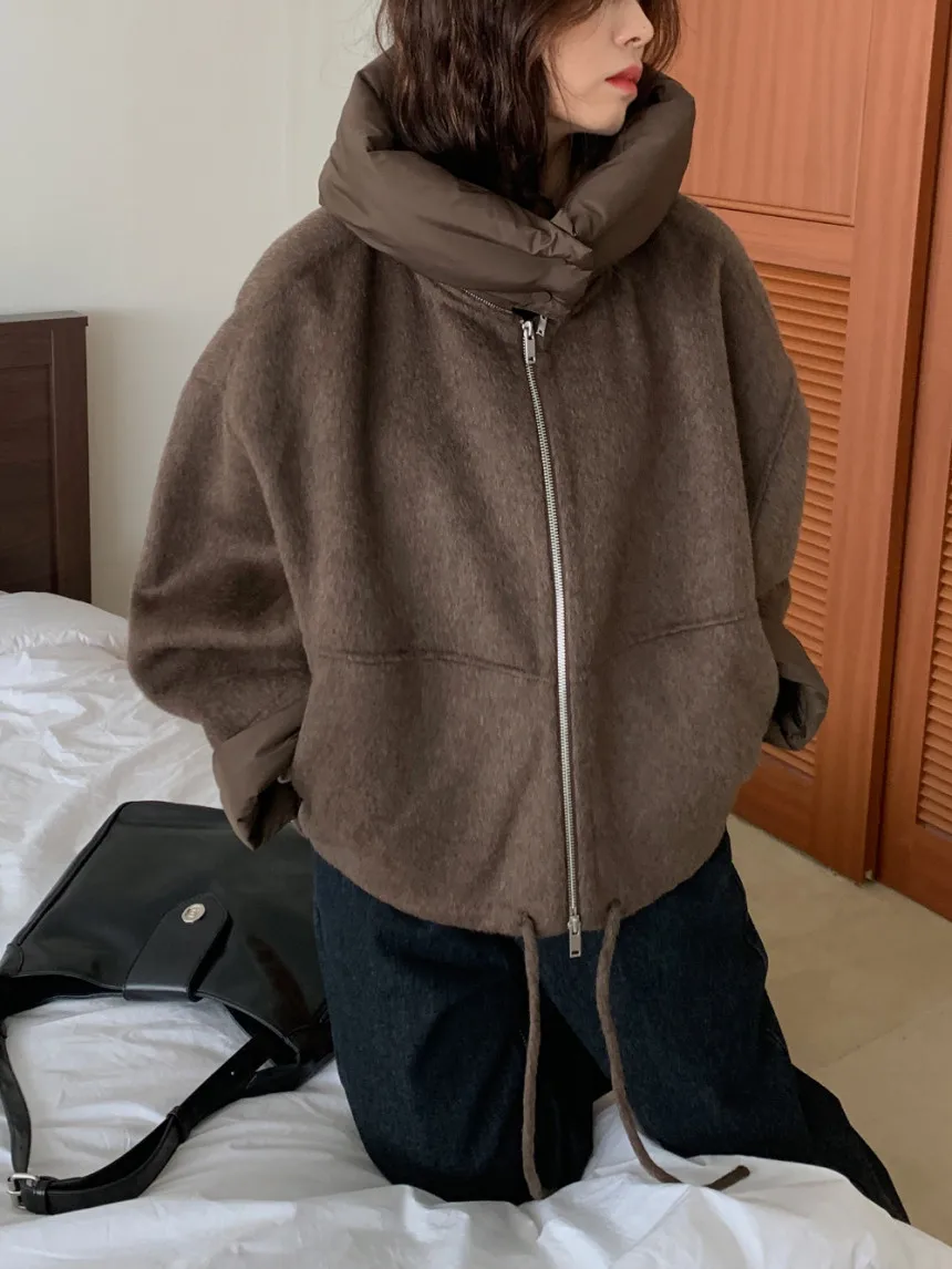 2Colors Autumn Winter Woolen Jacket Women's Casual Loose Detachable Hood Korean Style Long Sleeve Zipper Coat Female