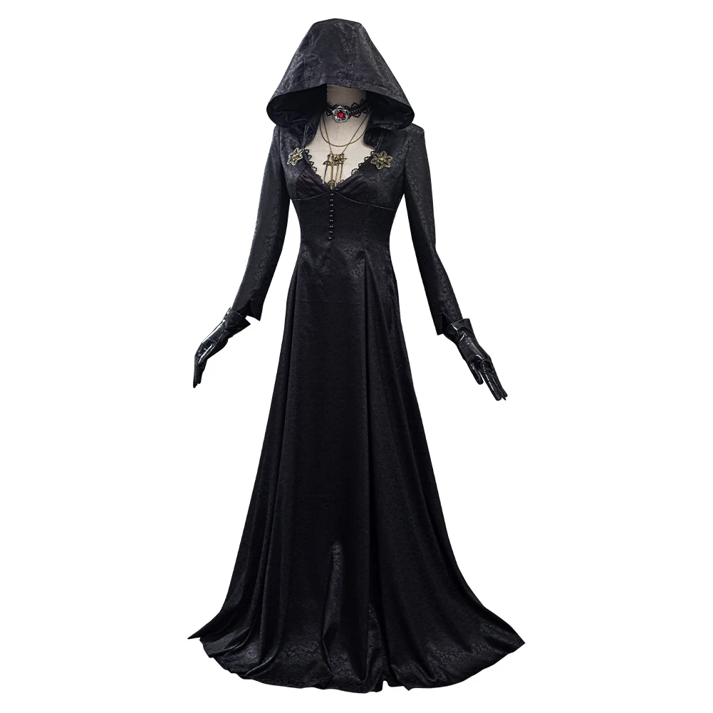 Frauen böse Cosplay Kostüm Kleid Mädchen Dame Halloween Halskette Ohrring schwarz Karneval Set Verkleidung Erwachsenen Anzug Zubehör