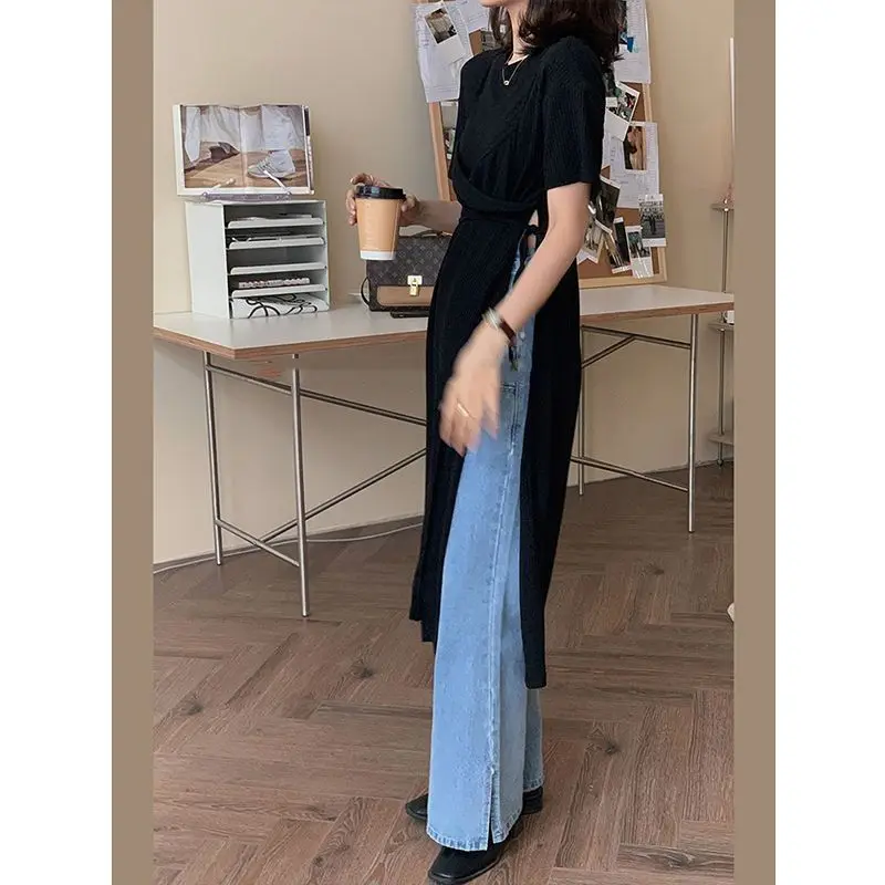 Summer New Lady Korean 2026 Large Size Lacing T-shirt Dress Short Sleeved Long Knitting Forking Solid Color Round Neck Tops