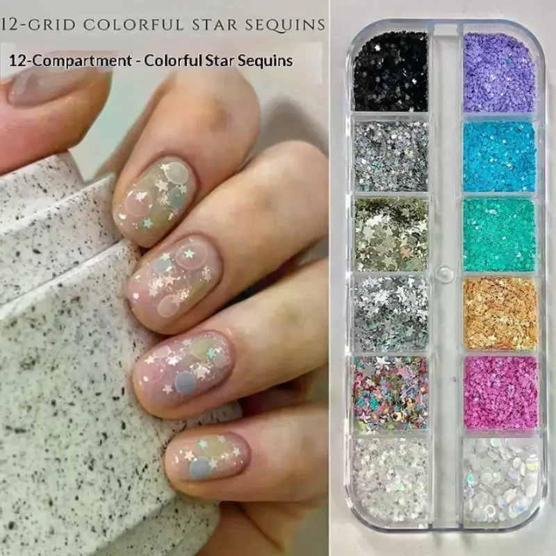 12-Grid Nail Glitter Star Sequin Mixed Five Pointed Colorful Laser Charm DIY Manicure Accessories