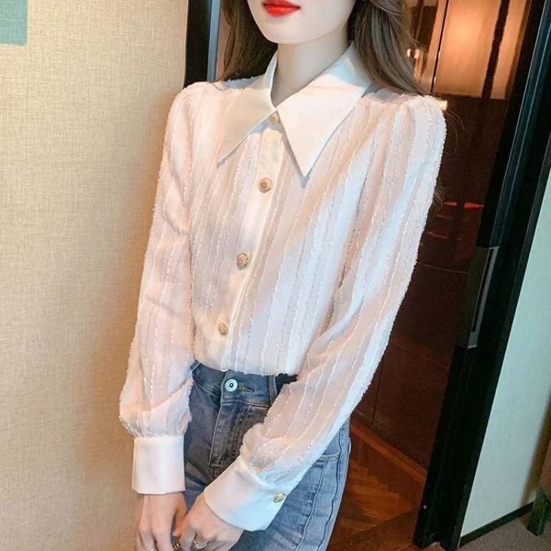 

2026 Fashion New Design French Collar Long Sleeve White Shirt Women Elegant Stylish Blouse Top