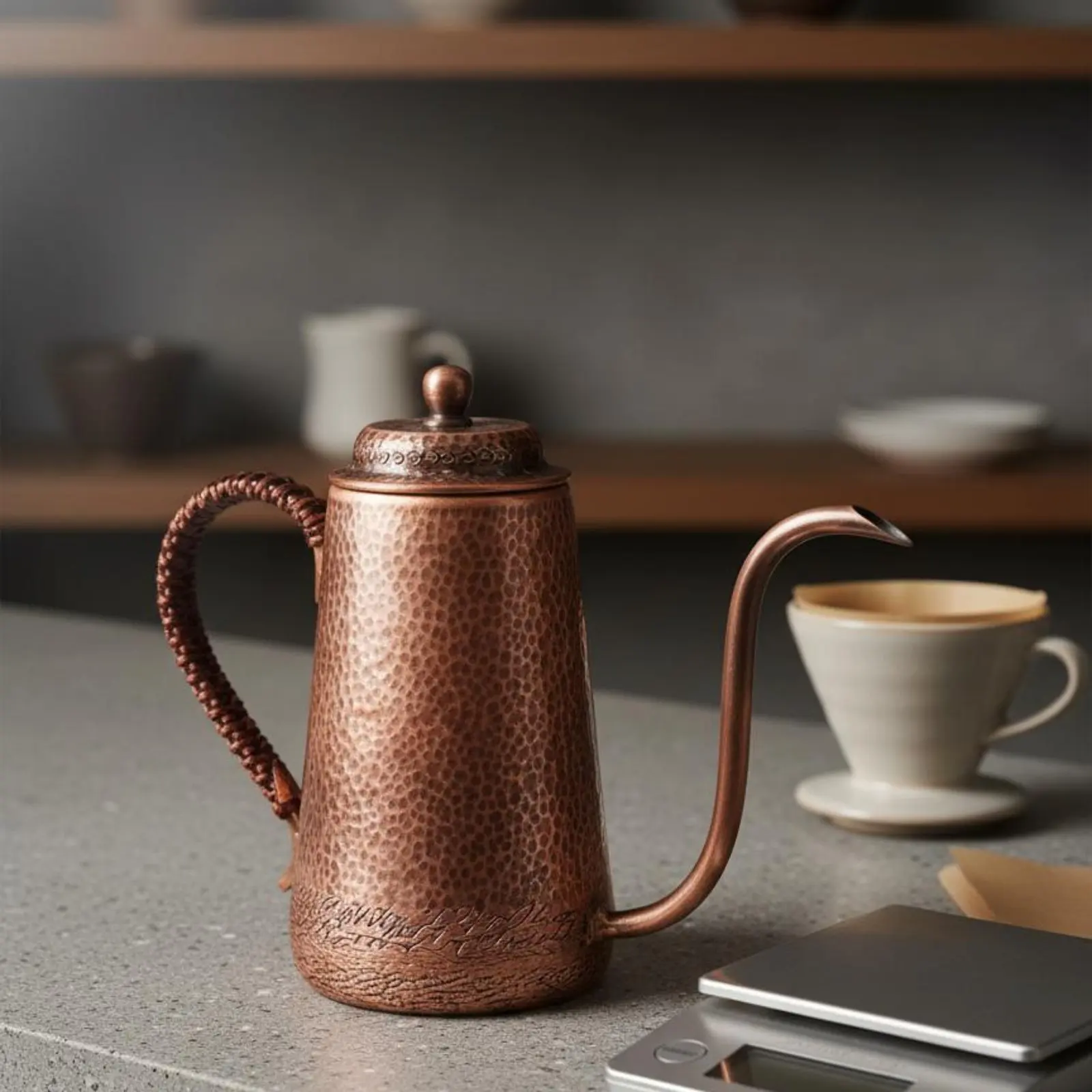 Hammered Copper Coffee Pot Thickened Frame Handmade Copper Flow Kettle Flow-over Coffee Kettle Ergonomic Handle for Home Brewing