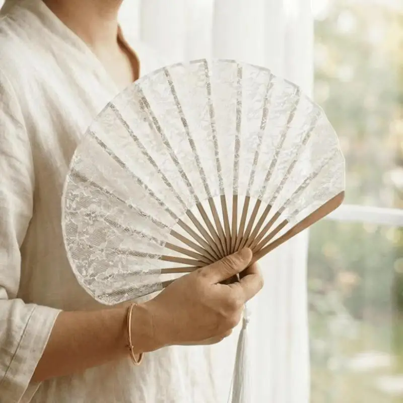 Lace Vintage Hand Fan With Tassel Pendant Handheld Embroidered Folding Fan White Delicate Hand Cranked Fan Photography Props