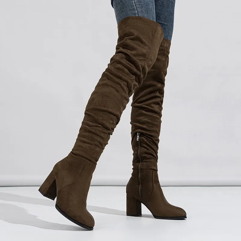 2024 Winter New Pointed Over-the-knee Boots Sexy Zipper Suede Street Mesh Modern Heels Women\'s Boots Outdoor Pleated Long Boots