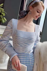 Dabuwawa Spring Autumn Female Trend Vintage Square Neck Long Sleeve Knitted Shirt Slim Sweater 2023 DF1CJS012