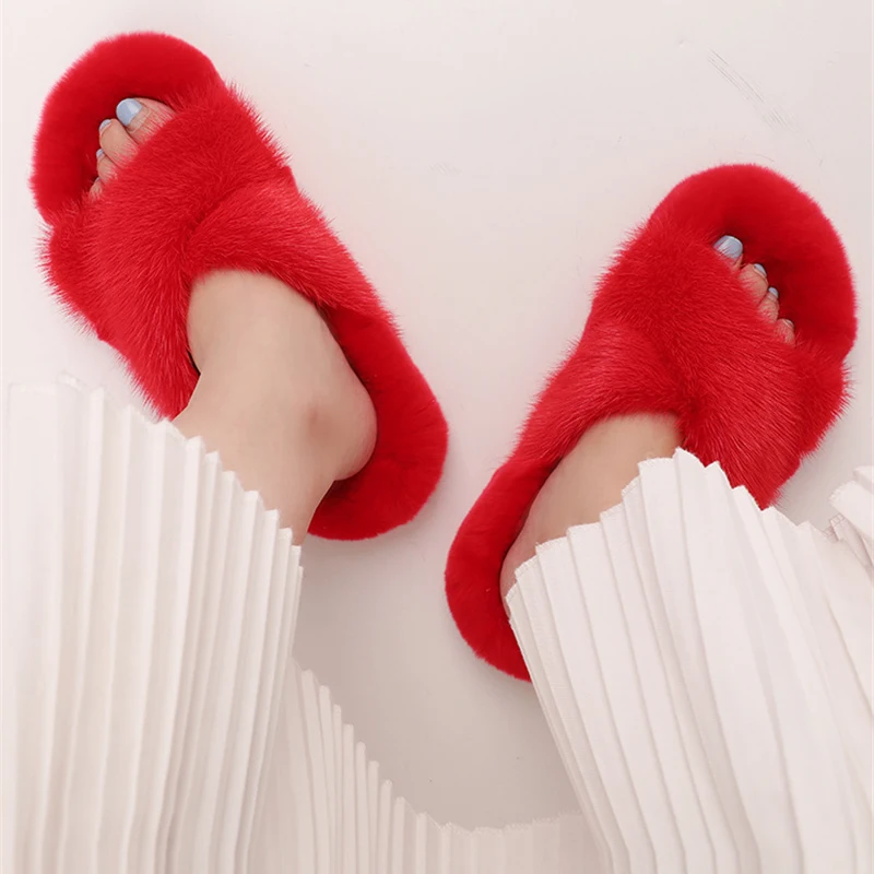 New Fashion Slippers Women Real Fur Mink Vamp With Rabbit Insoles Sexy Flat Sandals Casual Ladies Elegant Slipper Woman Shoes