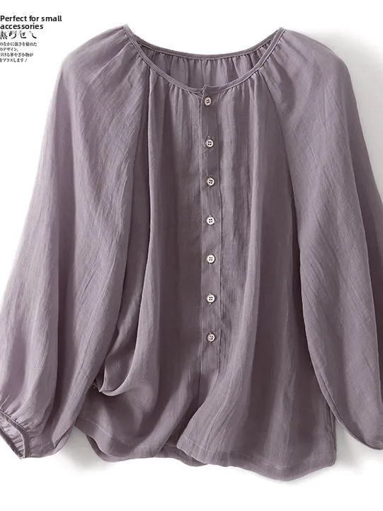 ZiMo QingHe~레트로 포레스트 시스템 랜턴 스타일 실크 코튼 린넨 캐주얼 루즈 여성용 빈티지 슬레 라운드 넥...