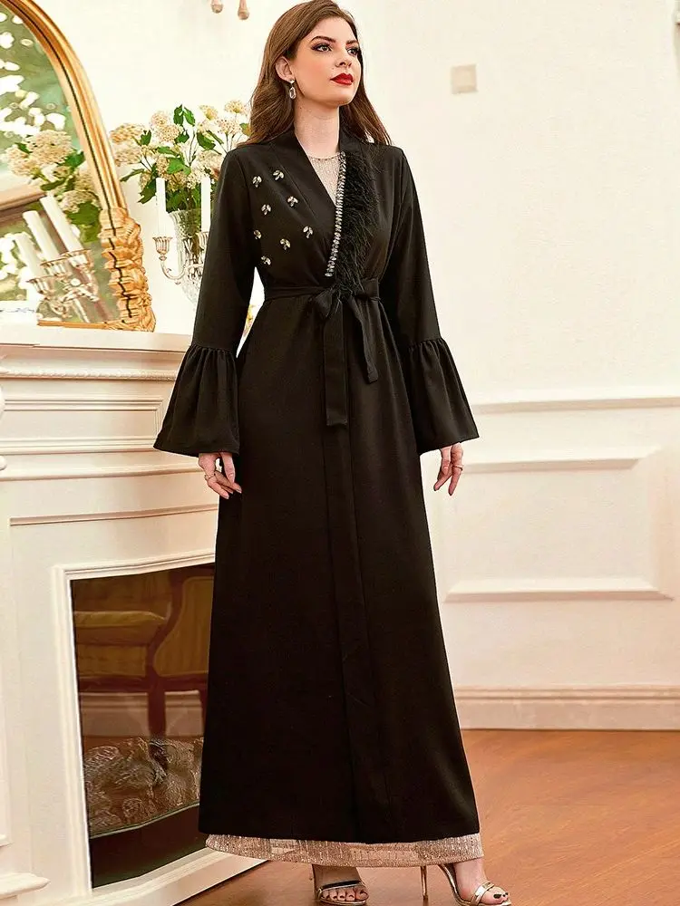 Ramadan Eid piume Kimono musulmano nero Abaya Dubai turchia Islam Abaya per le donne vestono Kebaya Robe Femme Musulmane caftano