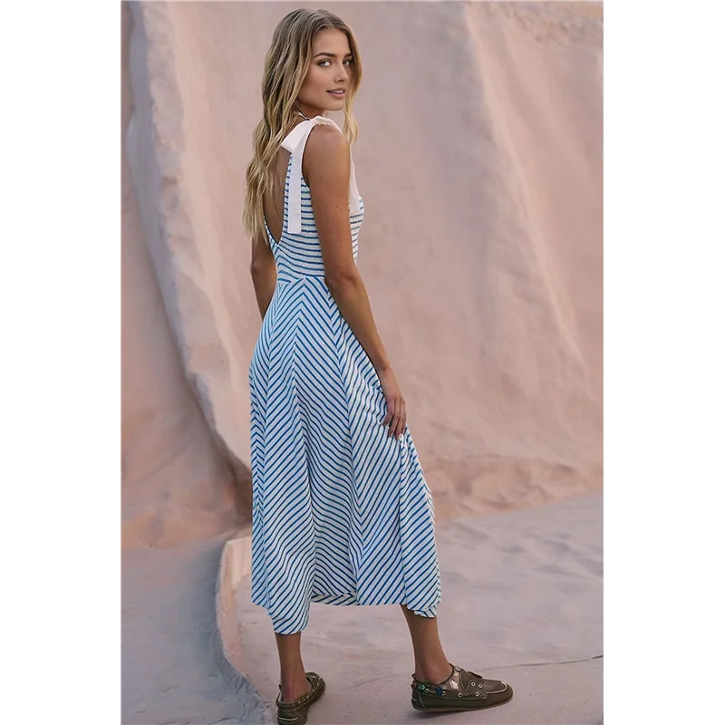 A83F-Donna Casual Estate Smocked Scollo a V Spiaggia a righe Senza maniche Vestito estivo Abito lungo fluido con tasche