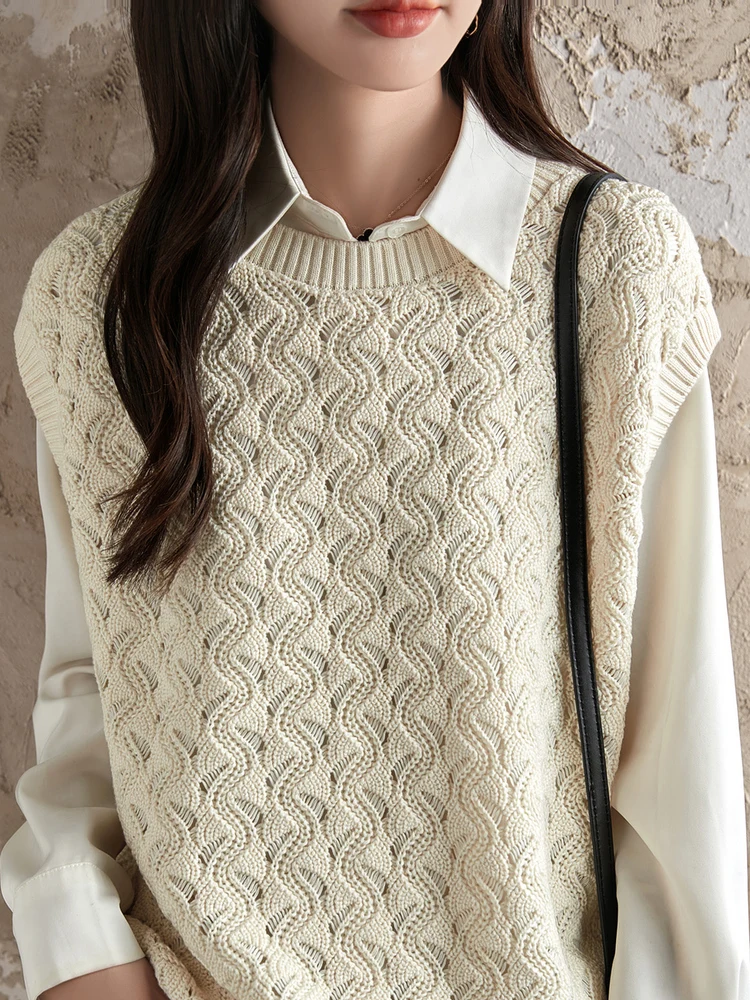 Gilet tricoté en pur coton pour femmes, rond, Ne Svel, ample, ajouré, couleur, nouvelle collection printemps automne 2025