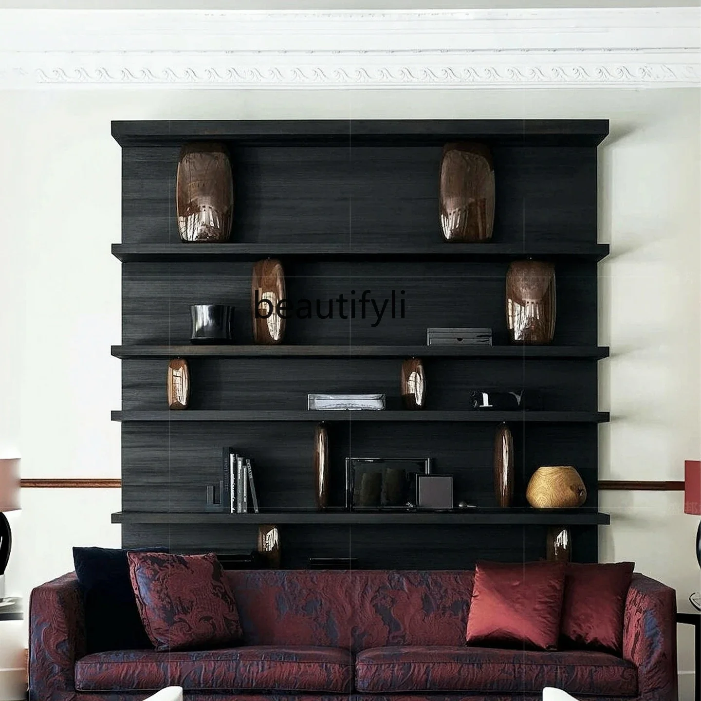 X Solid wood bookshelf floor-to-ceiling against the wall Modern light luxury high-end art villa Multi-layer storage shelf