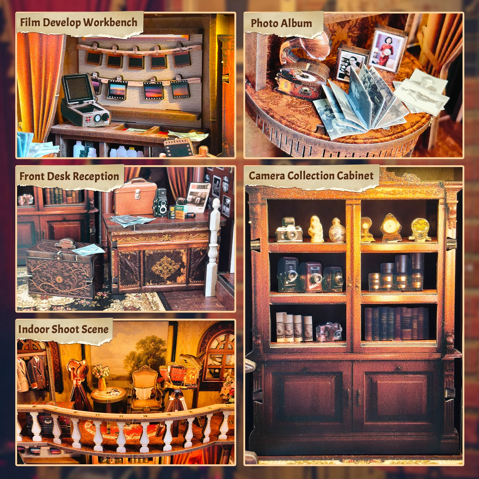 DIY Wooden Book Nook Shelf Insert Kit Nostalgic Photo Studio Bookend Miniature Model Kits Bookshelf with Light for Friends Gifts