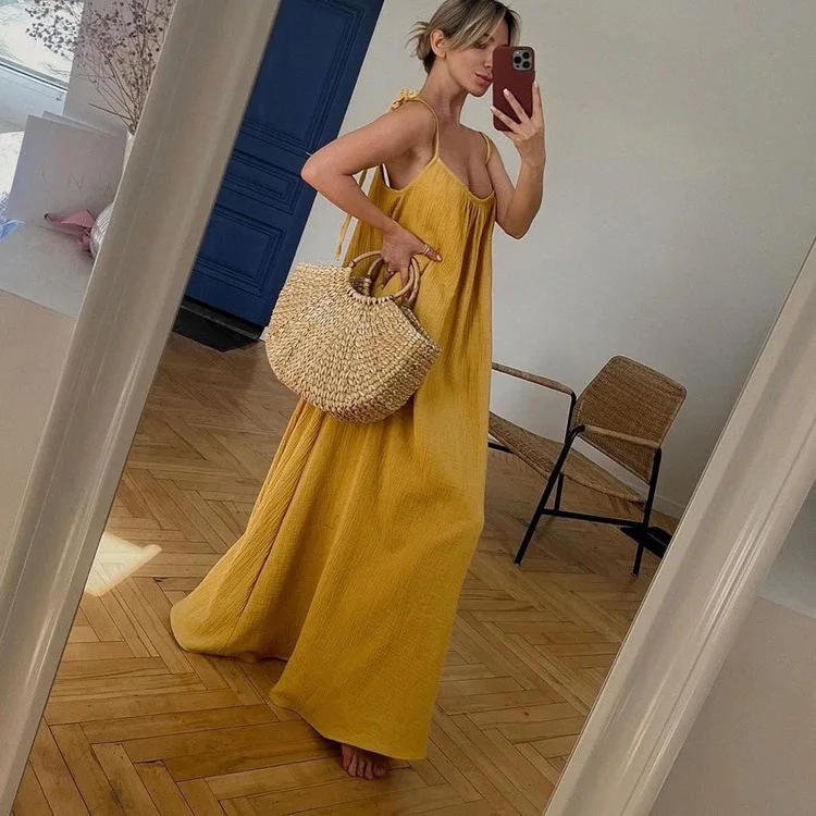 Spring Summer Double Layer Wrinkled Long Dress Loose Strap Dress New Fashionable Sleeveless Casual Long Skirt Women's Clothing