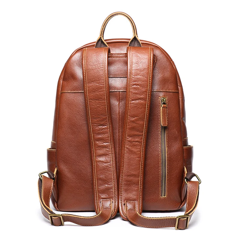 Vintage Men and Ladies Outdoor Travel Backpack School Book Cowhide Backpack Brown Zipper 14 Inch Computer Notebook Bag