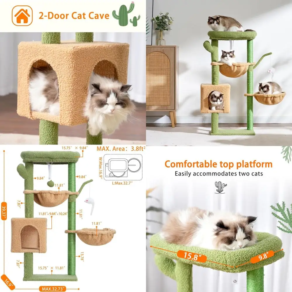 

39.4 Cactus-Style Cat Tree with Scratching Post, Multi-Level Condo, Sisal Pole, 2 Baskets, Dangling Toy - Green & Yellow HCT006S