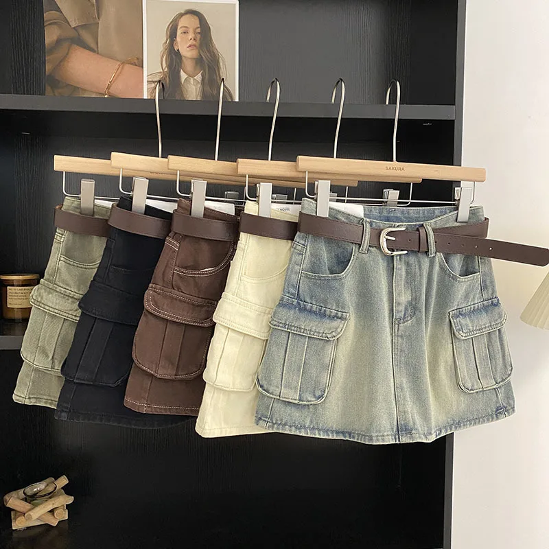 

New Pocket Straight Denim Skirt Women Vintage Casual High Waist A-line Mini Jeans Skirt Summer 2024