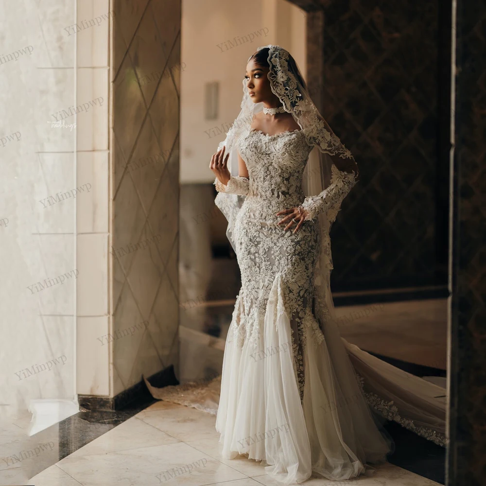 

Sexy Mermaid Applique Wedding Dresses Full Sleeve O-Neck Beaded Sequin Corset Luxuroies Bride Gowns For African Women Customized