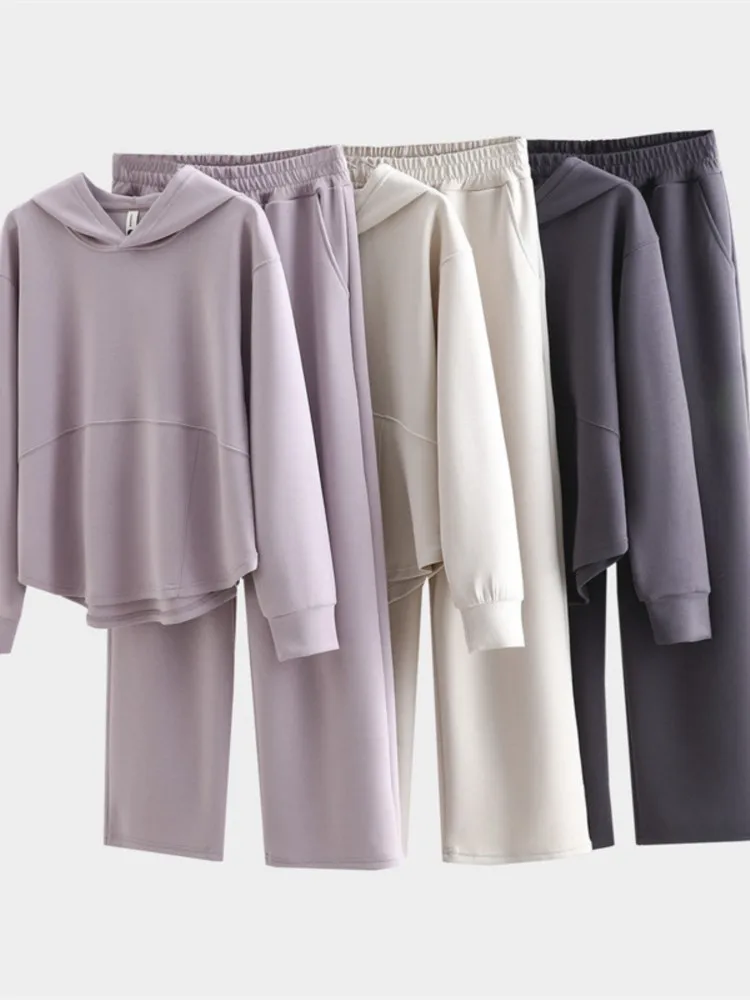 

2025 Spring Autumn Comfortable New In Matching Sets Two Piece Outfits Loose Solid Color Hoodie Pants Casual Commuting Homewear