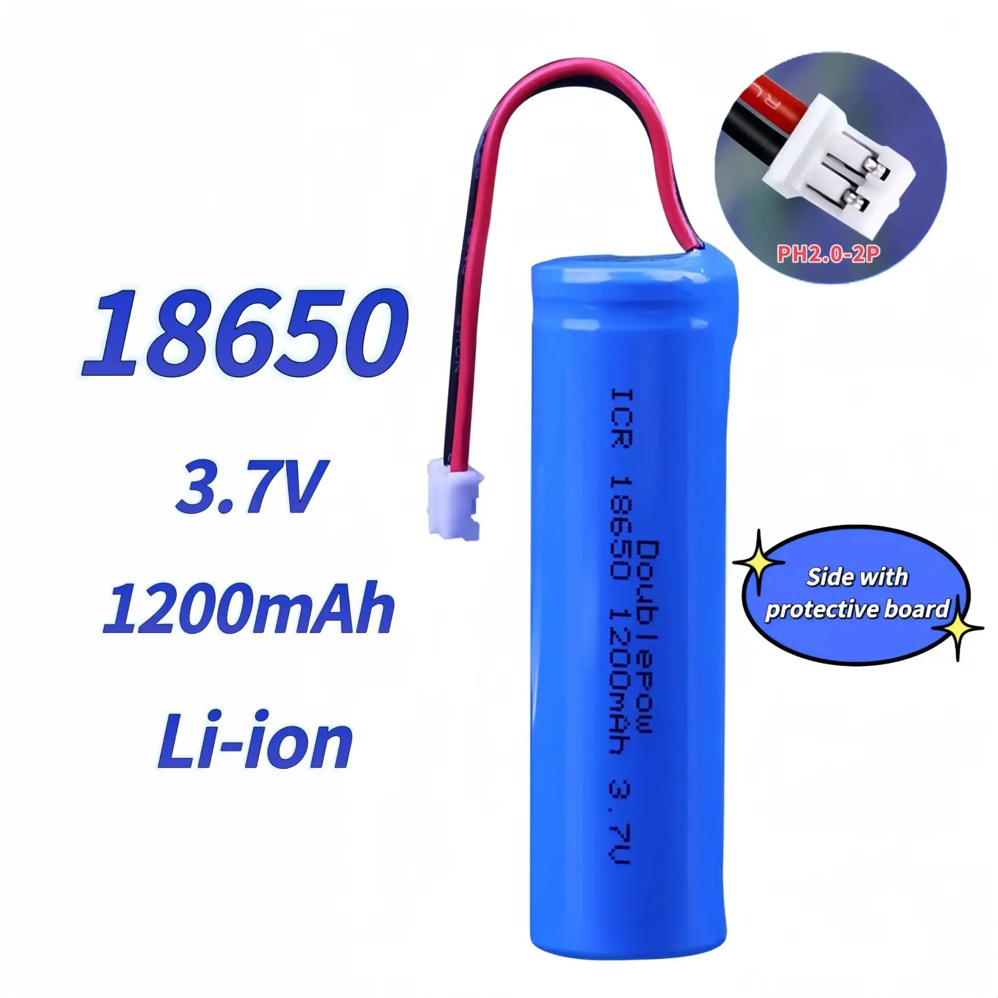 

Аккумулятор литиевый перезаряжаемый 18650 3.7V 1200mAh с разъемом PH для игрушек, вейпов, фонариков, колонок, повербанков, камер, бритв, машинок для стрижки волос