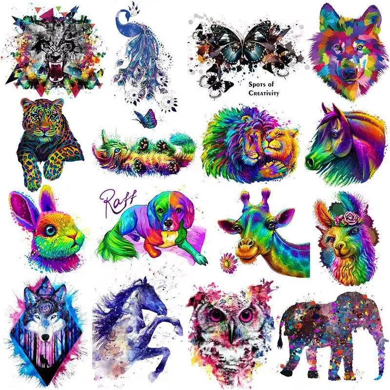 Colourful Punk Animal Series Heat Transfer Patch Tiger Horse Cat Iron On Transfers For Clothing DIY Thermal Stickers For Clothes