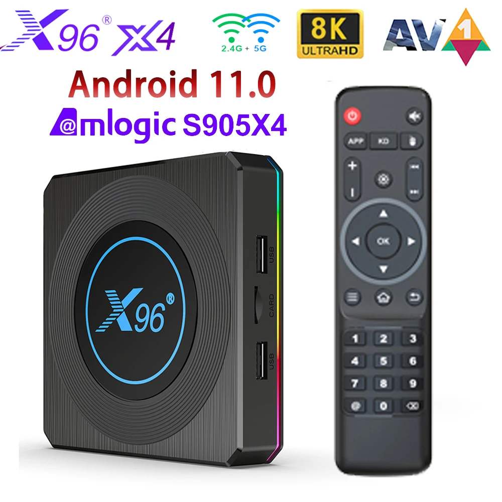 X96 X4 Android 11.0 TV BOX Amlogic S905X4 Smart TV Box RGB Light 2.4G 5.8G Wifi AV1 8K Media Player BT4.1 Voice Set top box