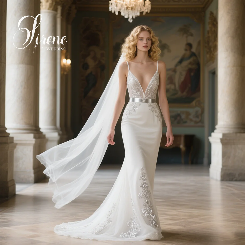 Sirene Spaghettibandjes Zeemeermin V-hals Borduren Satijnen Trouwjurk Mouwloos Lange Trein Ruglooze Formele Jurken Op maat