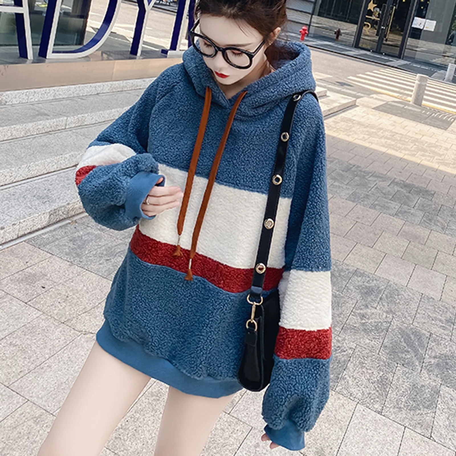 Autumn and Winter Fashion Stripe Print Hoodies For Women Sweater Top Loose Sweatshirt Blouse