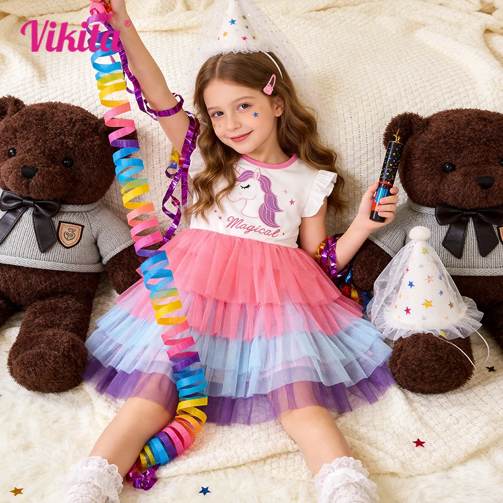 

VIKITA Girls Summer Flare Sleeve Dress Kids Licorne Cartoon Print Dresses Girls Birthday Party Princess Elegant Tutu Dresses