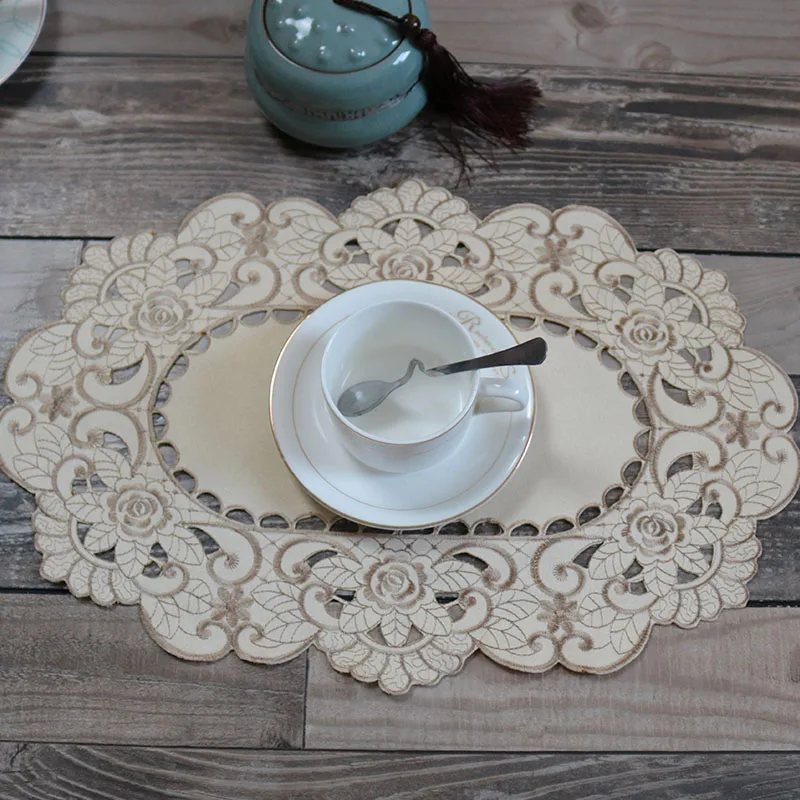 

NEW satin flower embroidery table place mat cloth Wedding Christmas dining placemat kitchen Table decoration and accessories