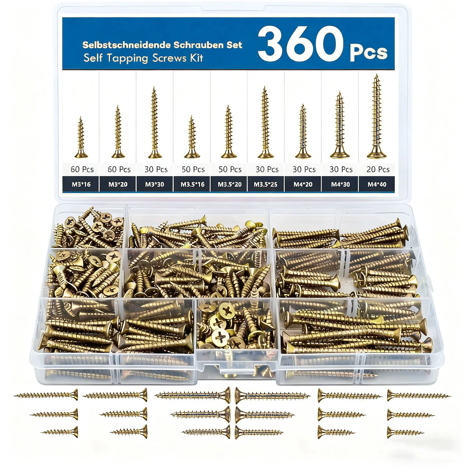 360Pcs M3/M3.5/M4 Galvanized Furniture Wood Screw Combination Kit, 9 Sizes of Steel Self Tapping Screws, Cross Groove Head Screw