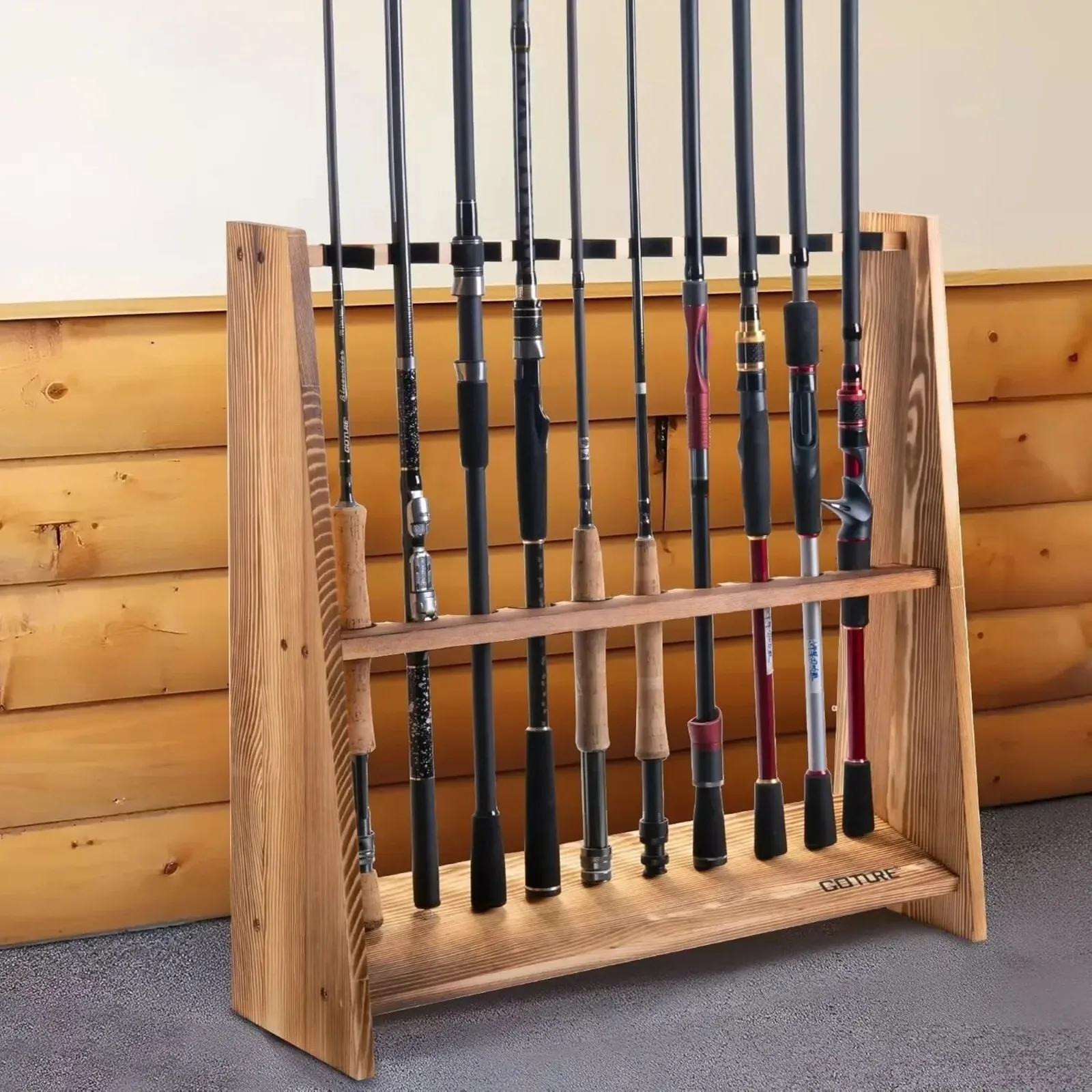 Goture Carbonized Pine Wood Fishing Rod Rack 10 Slots Floor Rod Holder Easy Assemble Removable for Display Organizer All Rods