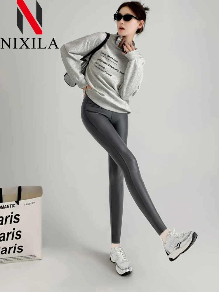 Novo inverno outono fino velo couro do plutônio leggings para mulheres calças de cintura alta push up preto sexy collants estiramento leggings de fitness