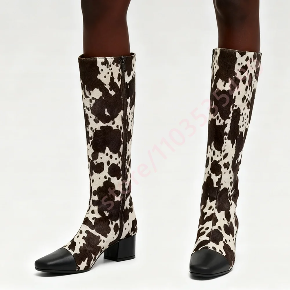 خريف جديد مختلط اللون البقرة طباعة الأحذية الغربية 2025 أشار تو مثير صندل بكعب مكتنز ركوب التمهيد الشارع نمط سستة أحذية طويلة