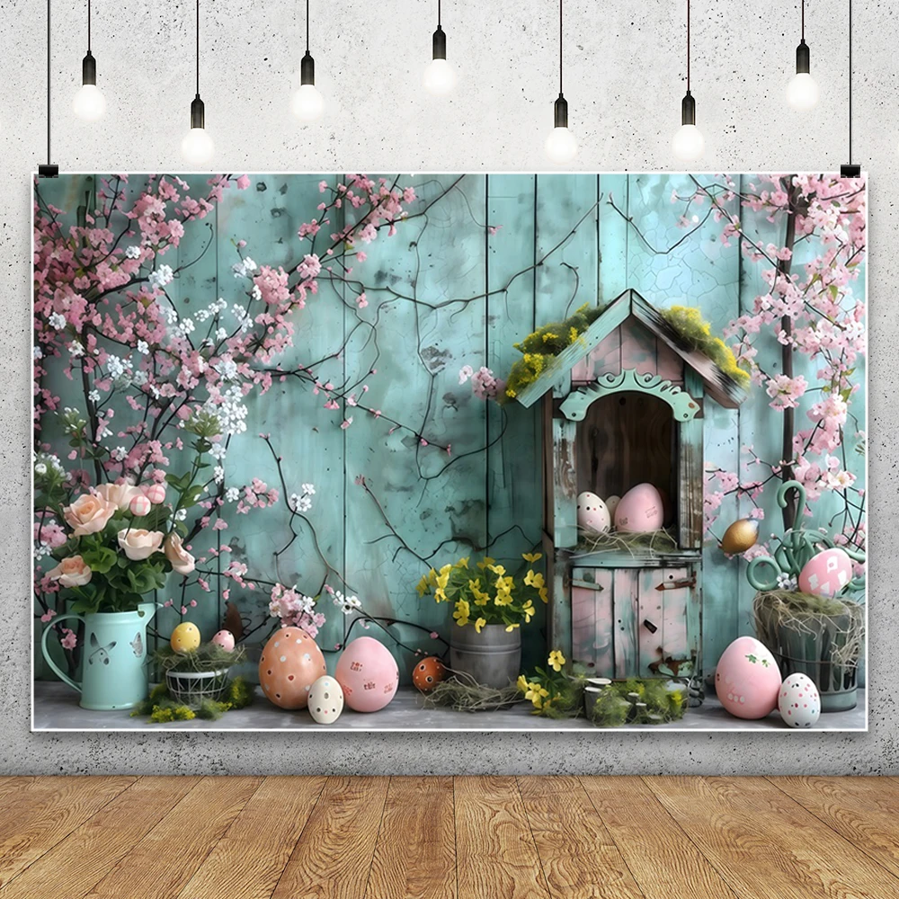 Spring Easter Photography Backdrops Wooden House Flowers Eggs Rabbits Baby Shower Kids Children Family Portrait Photo Background