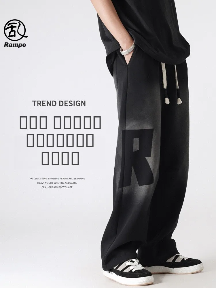 

Heavyweight Summer Sport Wide Leg Sweatpants Men's Trendy American High Street Waed Faux Denim Casual Pants Loose Fit Long ...