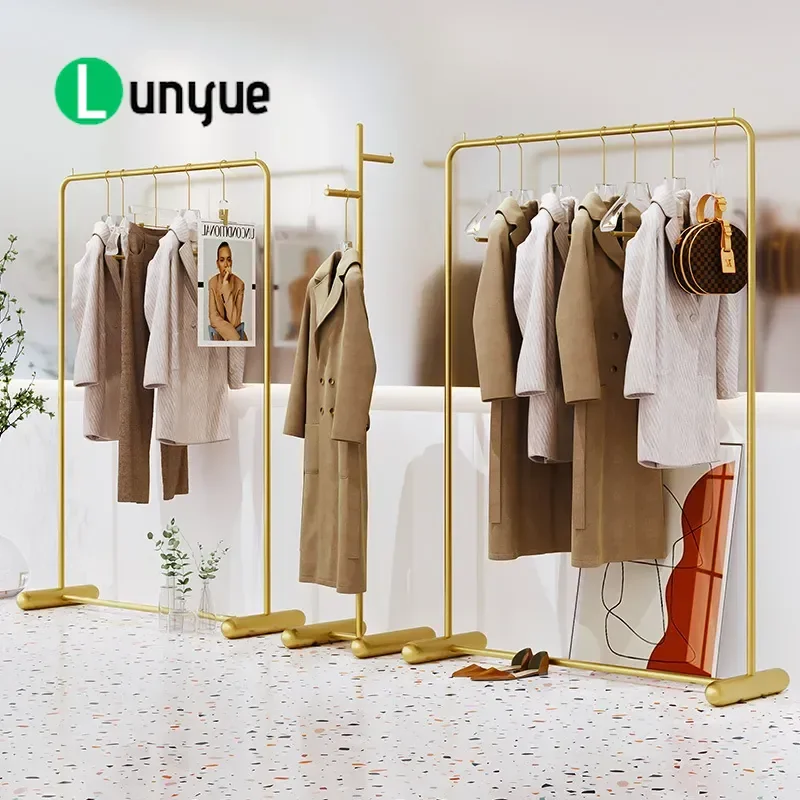 Gold Floor to Ceiling Clothing Display Rack Wrought Iron Hanger Shelf for Women and Kids Store Simple Light Luxury Retail
