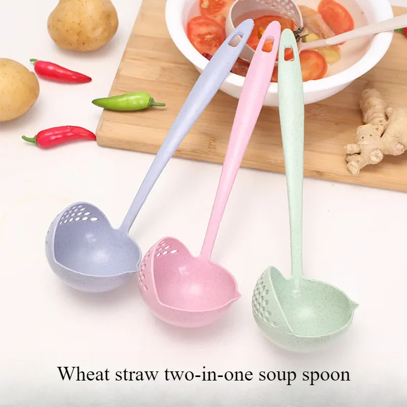 Wheat Straw Soup Spoon Slotted 2-in-1 Long Handle Plastic Spoon Environmental Protection Tableware Hot Pot Spoon