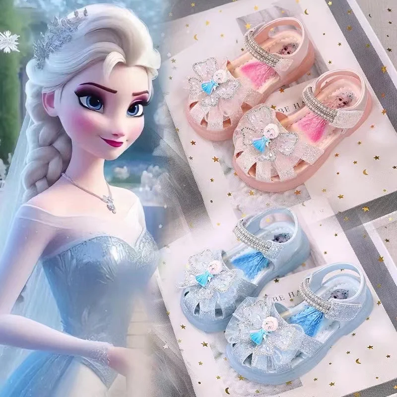 Sandalias de verano para niña, zapatos con estampado de dibujos animados de princesa Frozen y Elsa, con diamantes de imitación, zapatilla de cristal plano suave para playa, EU 22-32