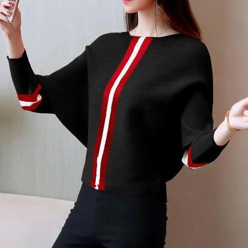 Autumn New Knitting Loose All-match Sweaters Long Sleeve O-neck Contrast Plus Size Pullovers Fashion Elegant Women Clothing