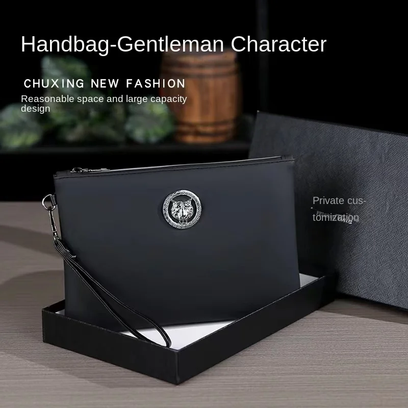 Men Clutch Bag Tiger's Head Silver Fashion Casual Business Soft Pu Leather Phone Handbag Luxury Male Envelop Leather Day Clutch