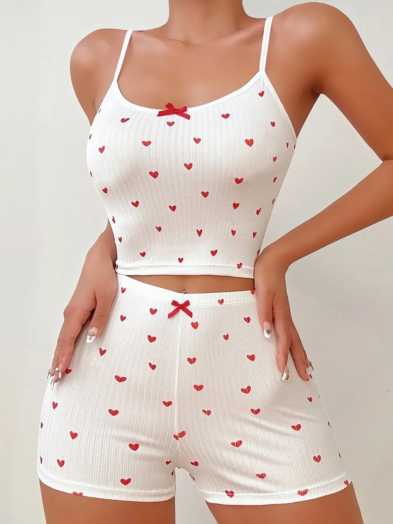 

Summer Sleepwear Women 2 PCS Pajamas Set Heart Print Casual Backless Crop Cami Top & High Waist Shorts Loungewear