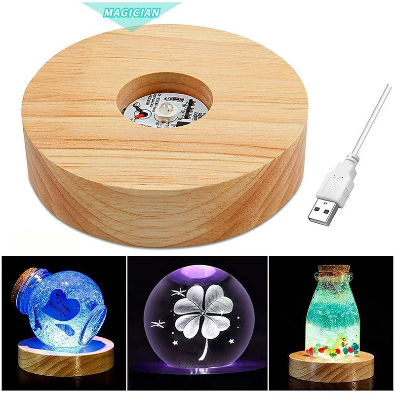 1PC Crystal Glass Wooden LED Light Resin Display Base Art Ornament Wooden Night Lamp Base Home LED Light Rotating Display Stand