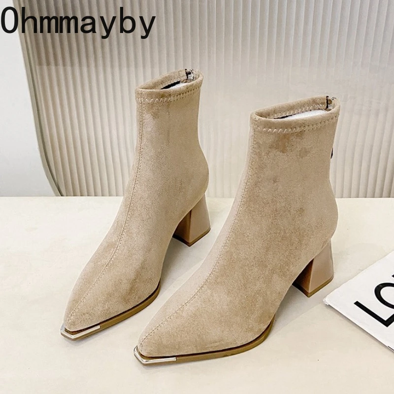 Winter Women Thick Heel Ankle Boots Fashion Pointed Toe Mordern Short Booties Street Style Party Stripper Female Shoes
