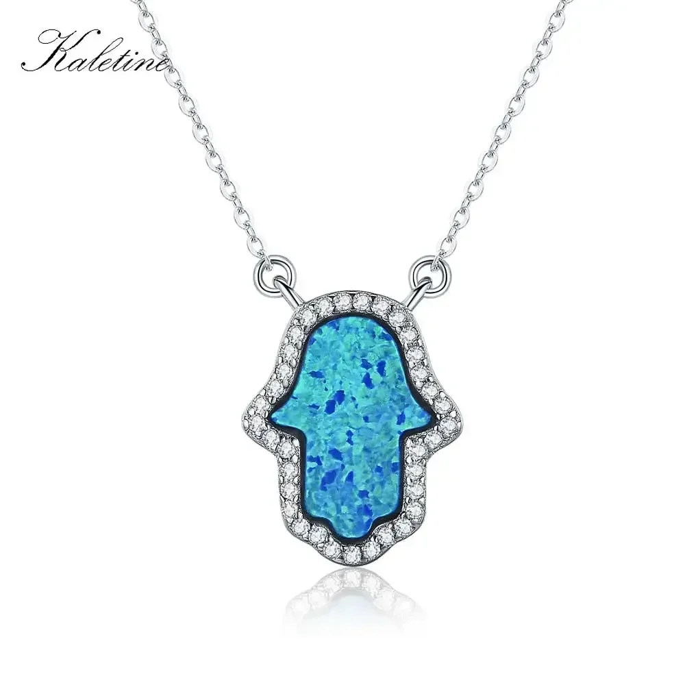 

KALETINE Opal Hamsa Hand of Fatima Charm Genuine 925 Sterling Silver Pendant Necklace Jewelry Long Chain Necklace KLTN022