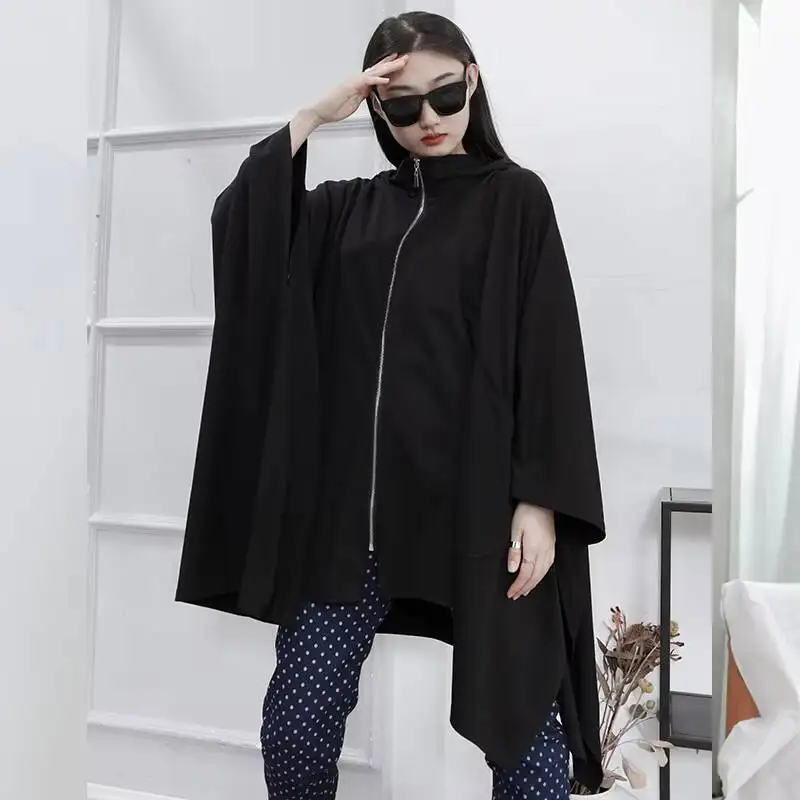 

Ladies Hooded Coat Spring And Autumn New Hip Hop High Street Bat Sleeve Cape Day Casual Loose Large Coat