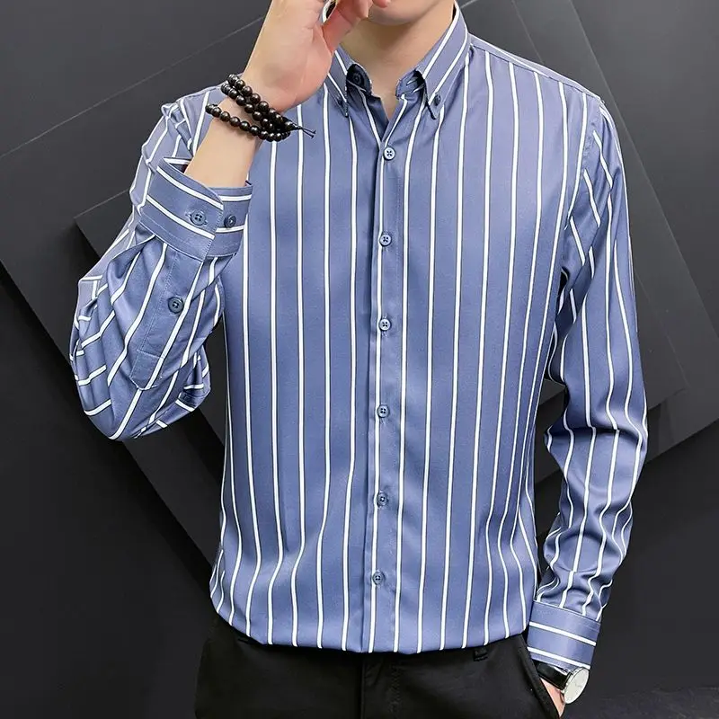 Camisa masculina de manga comprida grande, listrada com lapela, moda casual, versão coreana da moda, nova, primavera e outono, 2024