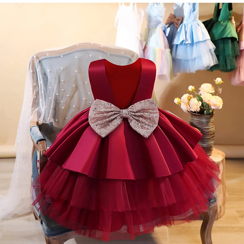 Abito rosso per bambini con fiocco grande Abito elegante da principessa con torta senza schienale per bambini per la festa di compleanno di 1° anno Abito da sera di Natale