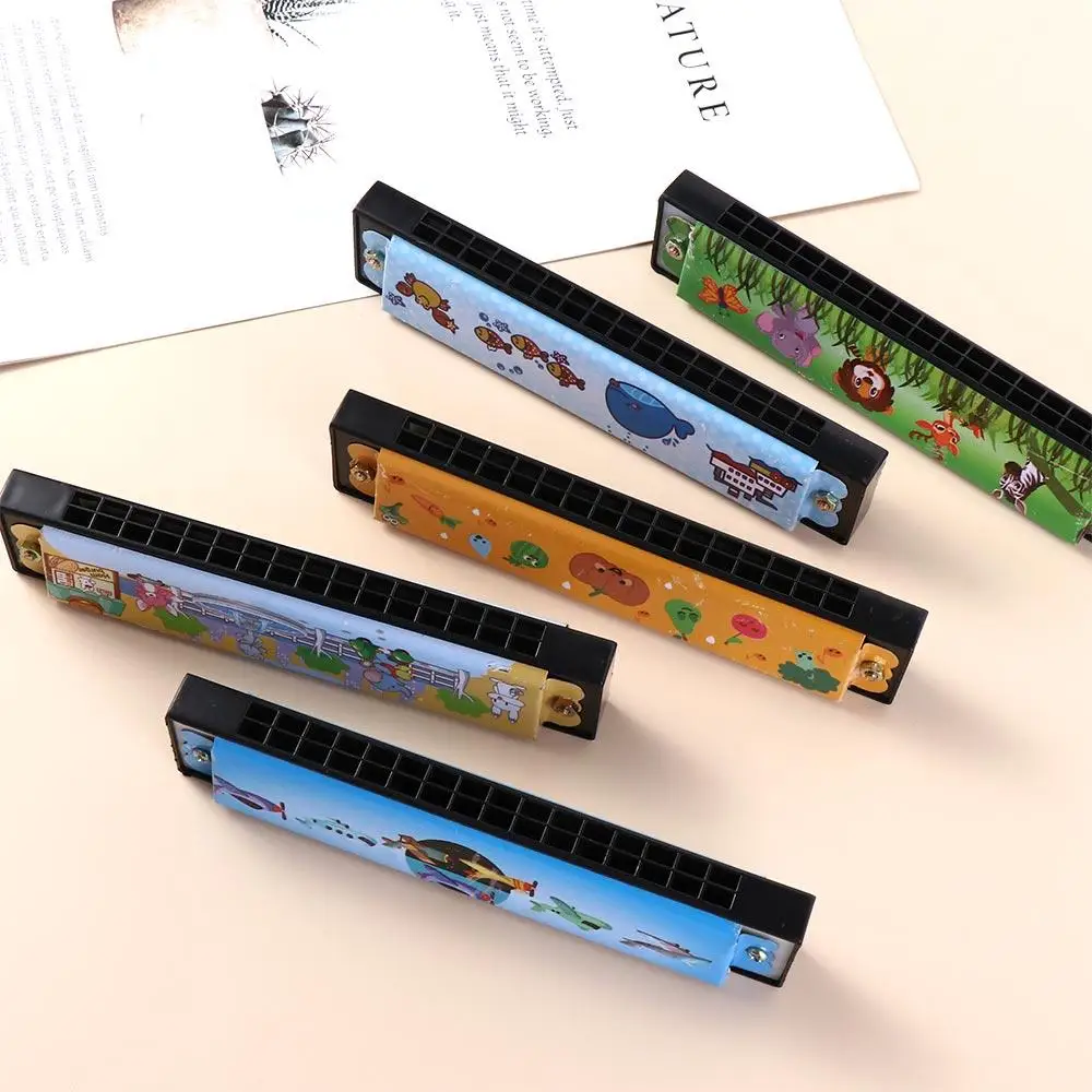 Wind Instrument Metal Painted Harmonica 16 Holes Montessori 16 Holes Harmonica Educational Cartoon Pattern Mouth Organ Beginner