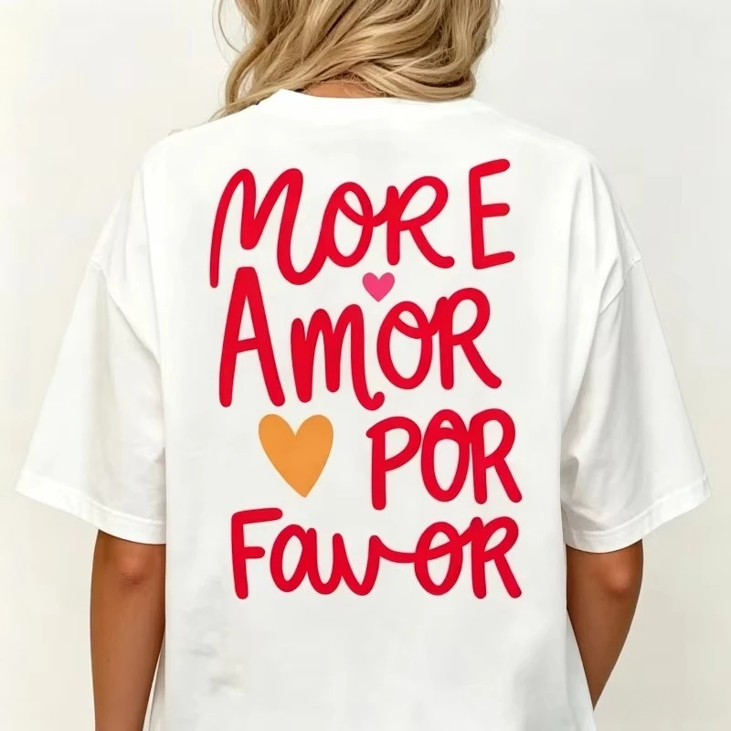 MORE AMOR POR FAVOR T‑Shirt Women Letter Print Heart Pattern Modal Cotton Casual Love Gift Tops Daily Outfit Gift for Her