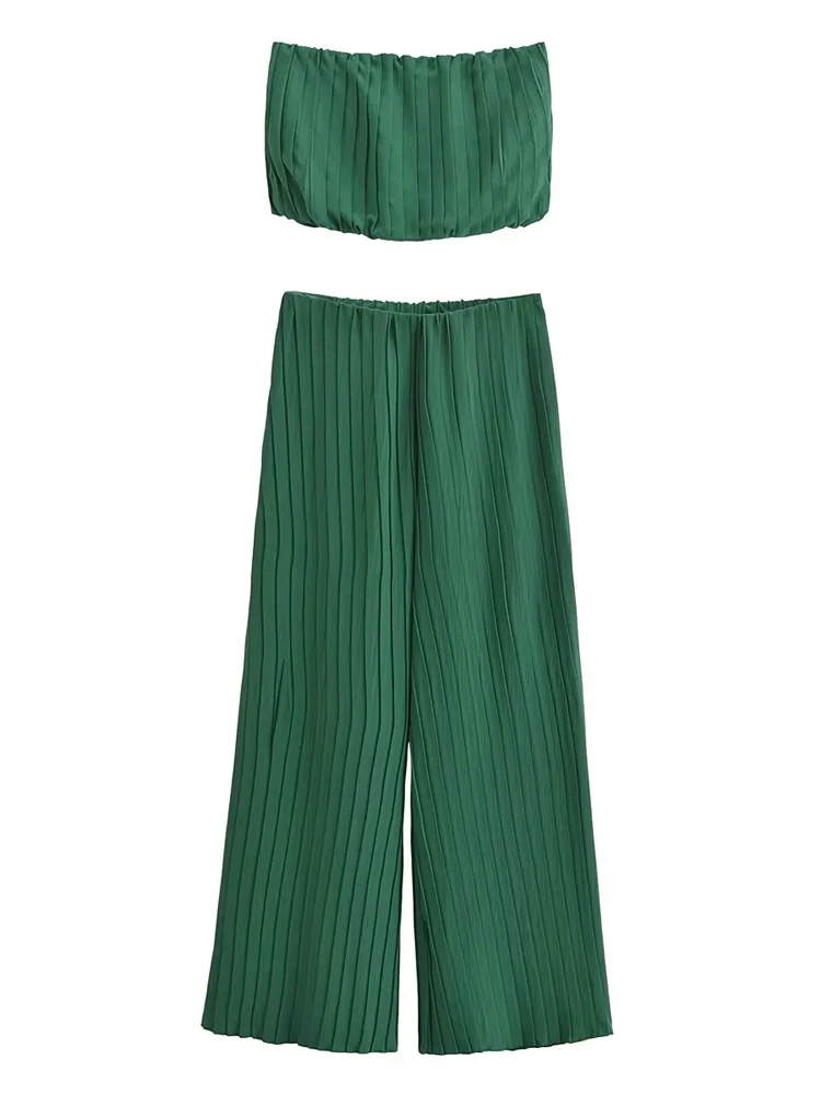 KAOPU ZA Women with pleated bandeau strapless top and mid-rise  pleated trousers two pieces sets mujer